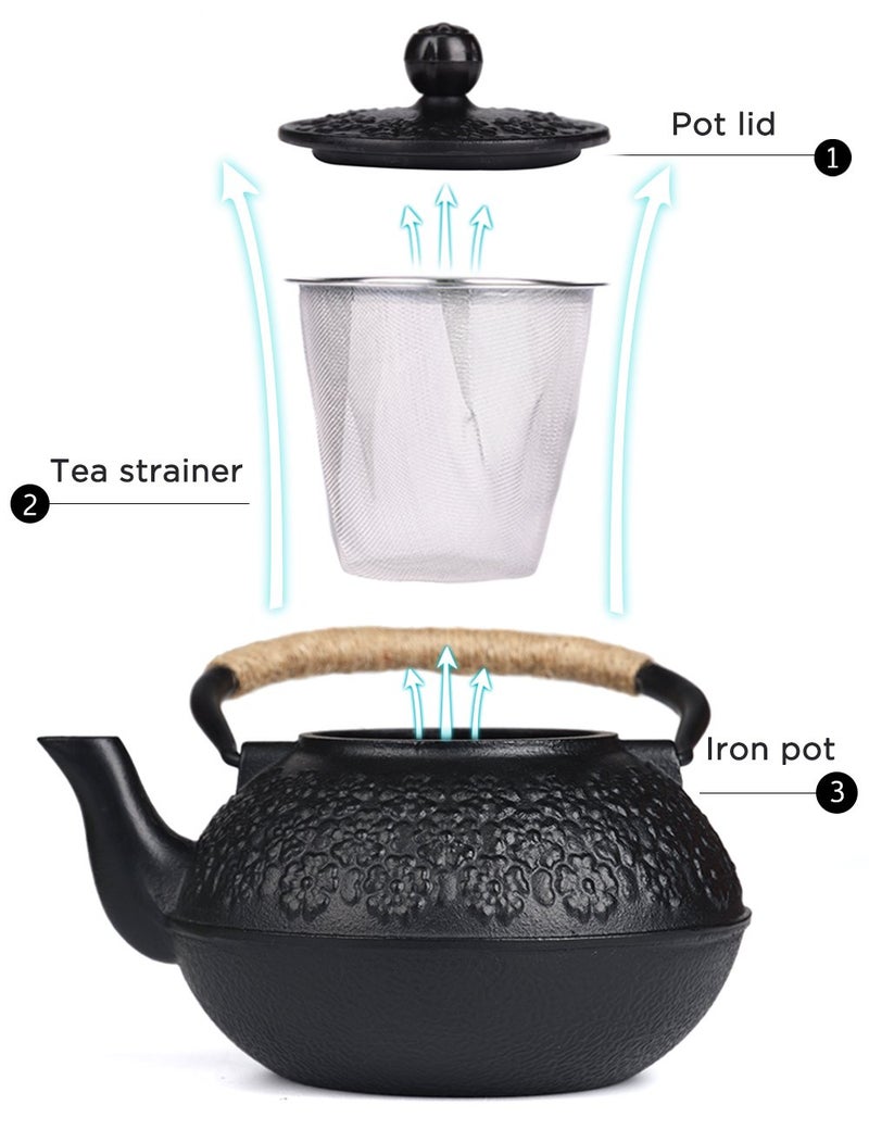 Sotya Cast Iron Teapot, 40oz/1200ml Japanese Tetsubin Tea Pot with Infuser for Loose Leaf and Tea Bags, Tea Kettle Coated with Enameled Interior for Stove Top, Black - Image 2